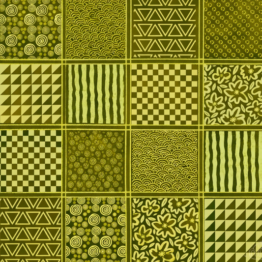 A repeating grid of 16 square panels in olive and yellow-green tones, each showing a different abstract pattern such as circles, waves, triangles, checkers, stripes, and floral motifs.