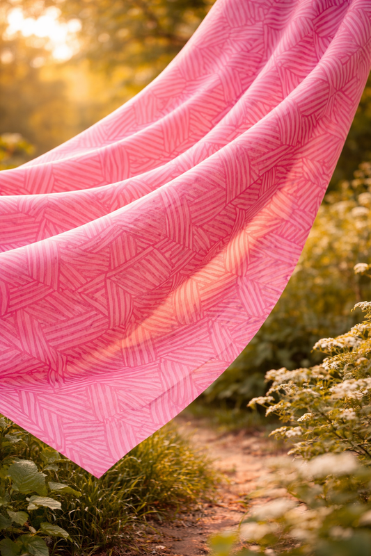 Pink patterned blanket draped over a tree branch with a natural background