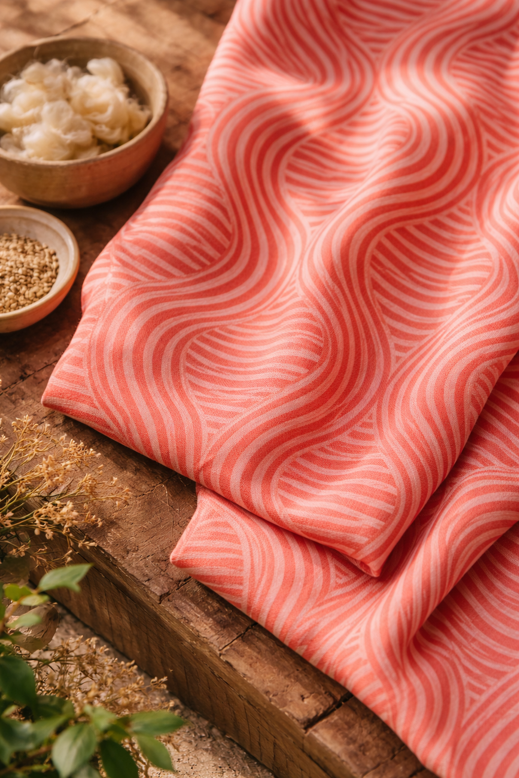 Pink fabric with wavy pattern on a wooden surface